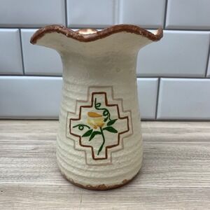 VTG Handmade Ceramic Vase Floral Yellow‎ Design Rustic Country Farmhouse Decor